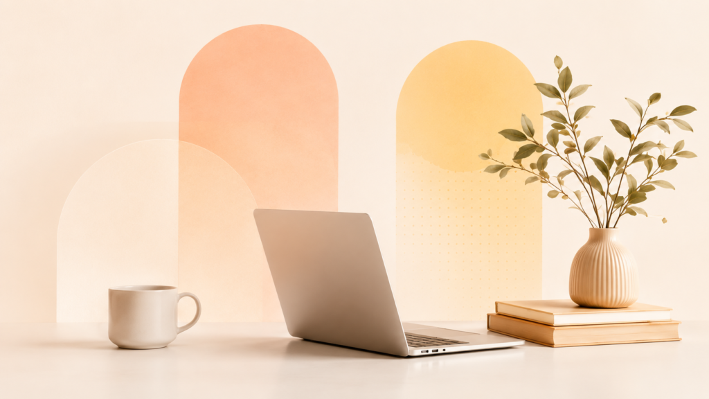 Espace de travail lumineux avec ordinateur, tasse et plante