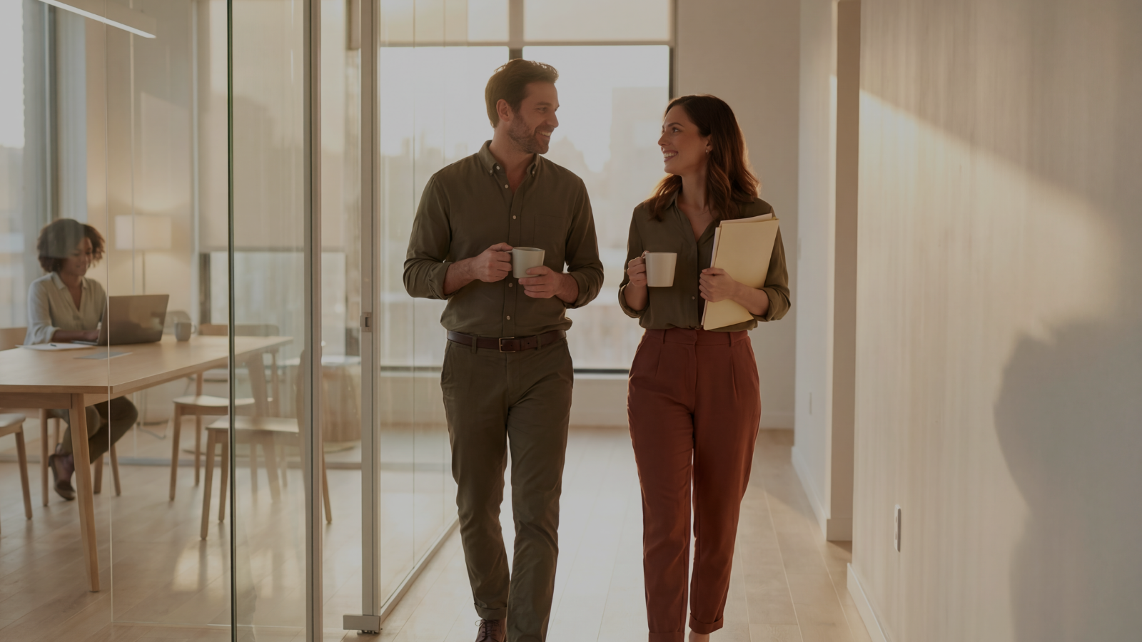 Méthode de formation marketing et IA Bonjoore : deux collègues échangent dans un couloir de bureaux lumineux