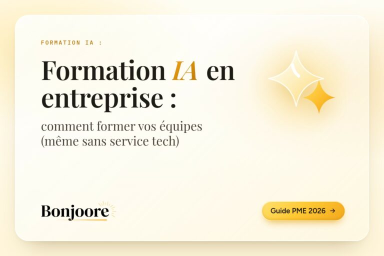 Formation IA en entreprise : comment former vos équipes, même sans service tech. Couverture du guide Bonjoore